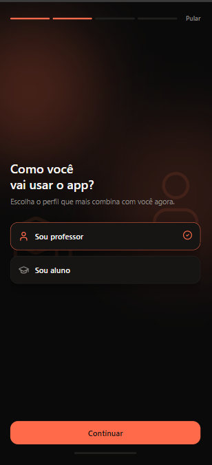 Escolha de perfil: professor ou aluno